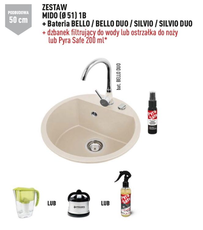 Zlewozmywak jednokomorowy granitowy 51 cm z baterią kuchenną 1B Pyramis Mido 070087701Bn piaskowy beż