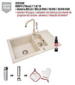 Zlewozmywak dwukomorowy granitowy 78x46 cm z baterią kuchenną 1,5B 1D Pyramis Korfu 070061601Bn piaskowy beż
