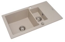 Zlewozmywak dwukomorowy granitowy 78x46 cm z baterią kuchenną 1,5B 1D Pyramis Korfu 070061601Bn piaskowy beż