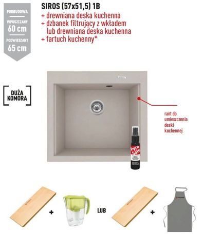 Przejdź do produktu Zlewozmywak jednokomorowy granitowy 57x52 cm z dużą komorą 1B Pyramis Siros 070084801 piaskowy beż