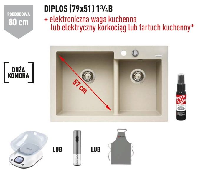 Zlewozmywak dwukomorowy granitowy 79x51 cm 1 3/4B Pyramis Diplos 070006501 piaskowy beż
