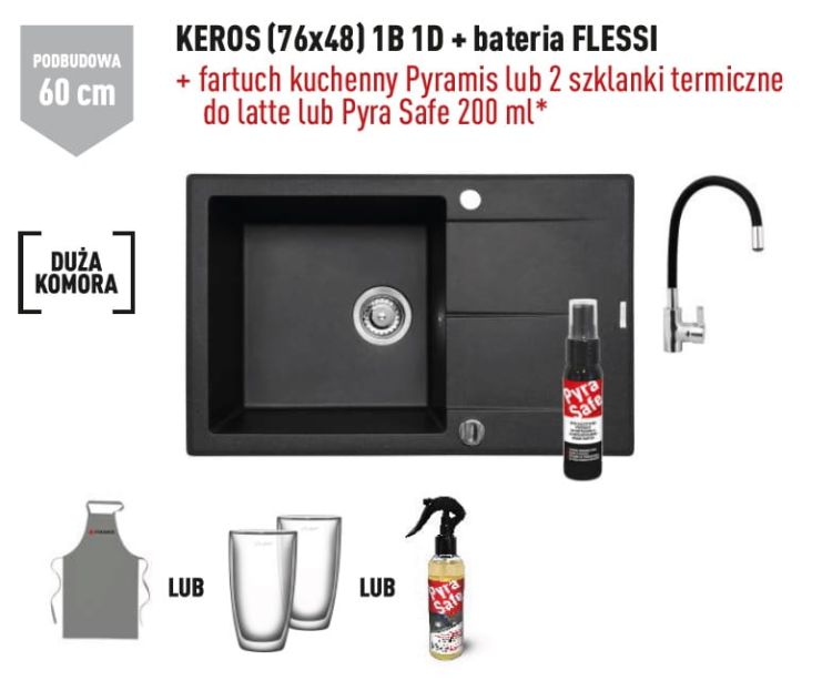 Czarny zlewozmywak jednokomorowy granitowy 76x48 cm w komplecie z baterią Flessi 1B 1D Pyramis Keros 070190311F Volcano