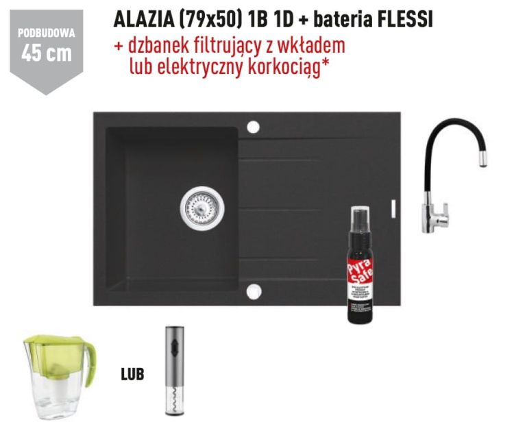 Czarny zlewozmywak jednokomorowy granitowy 79x50 cm w komplecie z baterią Flessi 1B 1D Pyramis Alazia 070186312F
