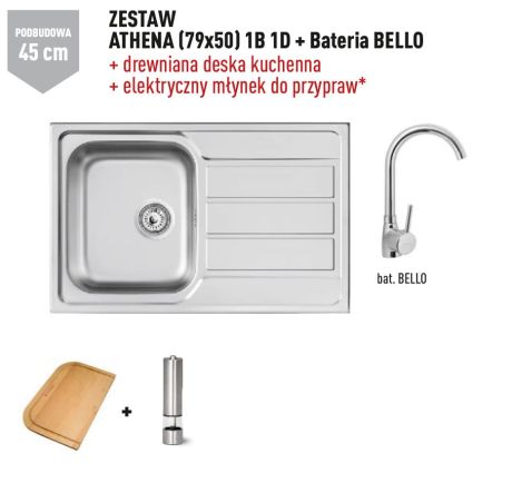 Przejdź do produktu Zlewozmywak jednokomorowy stalowy 79x50 cm w komplecie z baterią kuchenną Bello 1B 1D Pyramis Athena 100178701Bn polerowany, gładki
