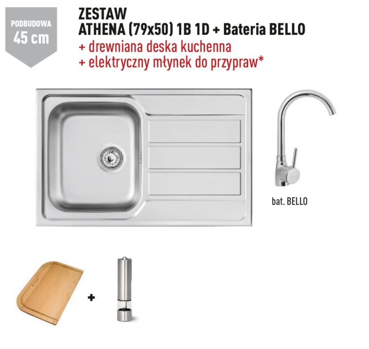Zlewozmywak jednokomorowy stalowy 79x50 cm w komplecie z baterią kuchenną Bello 1B 1D Pyramis Athena 100178701Bn polerowany, gładki