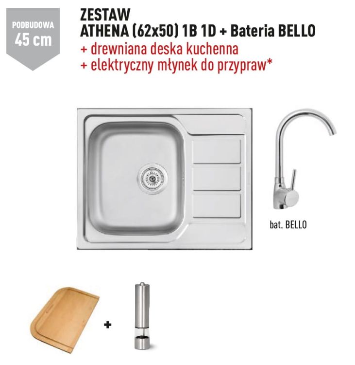 Zlewozmywak jednokomorowy stalowy 62x50 cm w komplecie z baterią kuchenną Bello 1B 1D Pyramis Athena 100187601Bn polerowany, gładki