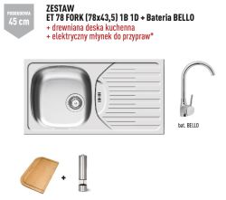Zlewozmywak jednokomorowy stalowy 78x44 cm w komplecie z baterią kuchenną Bello 1B 1D Pyramis Fork 100181101Bn polerowany, gładki
