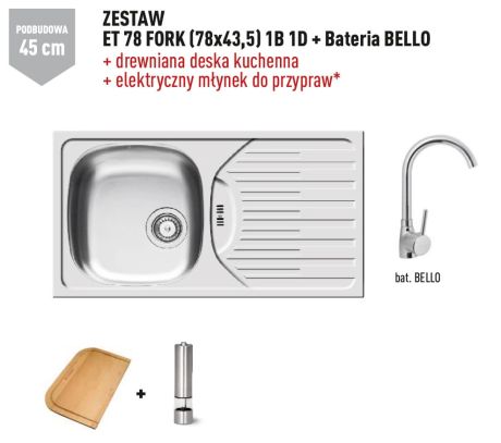 Przejdź do produktu Zlewozmywak jednokomorowy stalowy 78x44 cm w komplecie z baterią kuchenną Bello 1B 1D Pyramis Fork 100181101Bn polerowany, gładki
