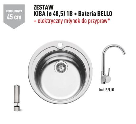 Przejdź do produktu Zlewozmywak jednokomorowy stalowy okrągły 48,5 cm w komplecie z baterią kuchenną Bello 1B  Pyramis Kiba 100053701Bn polerowany, gładki