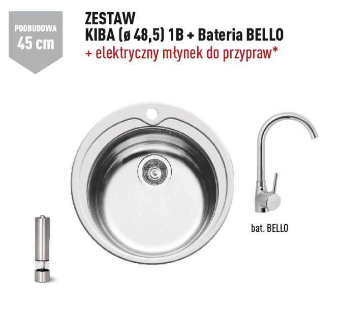 Zlewozmywak jednokomorowy stalowy okrągły 48,5 cm w komplecie z baterią kuchenną Bello 1B Pyramis Kiba 100053701Bn polerowany, gładki