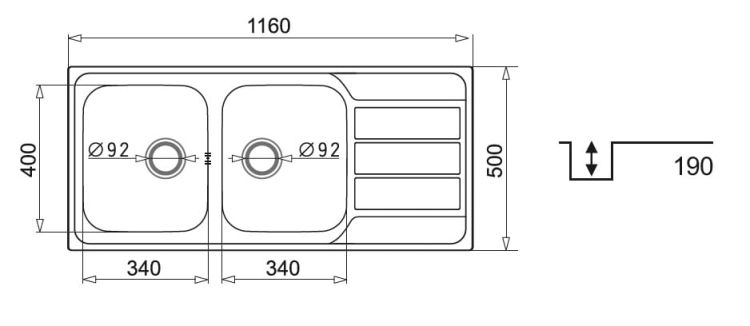 Zlewozmywak dwukomorowy stalowy 116x50 cm 2B 1D Pyramis Athena Extra 107163101 polerowany, gładki
