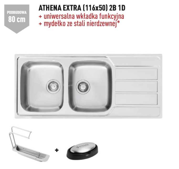 Zlewozmywak dwukomorowy stalowy 116x50 cm 2B 1D Pyramis Athena Extra 107163101 polerowany, gładki