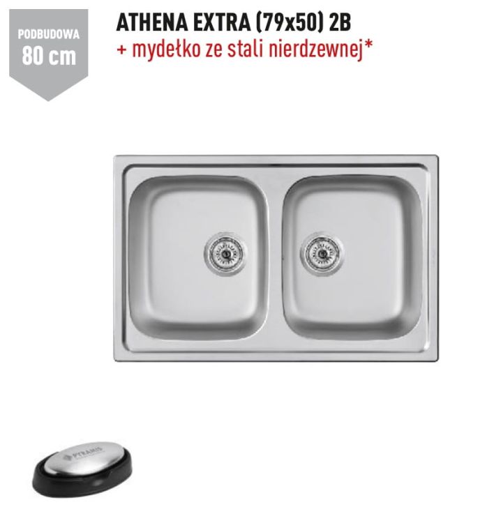 Zlewozmywak dwukomorowy stalowy 79x50 cm 2B Pyramis Athena Extra 107165101 polerowany, gładki