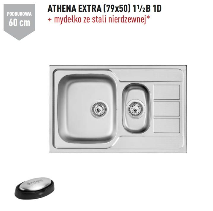 Zlewozmywak dwukomorowy stalowy 79x50 cm 1,5B 1D Pyramis Athena Extra 107164601 len
