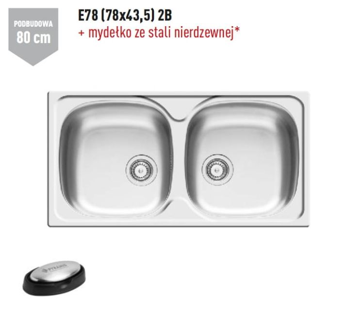Zlewozmywak dwukomorowy stalowy 78x43,5 cm 2B Pyramis E78 100138801 polerowany, gładki