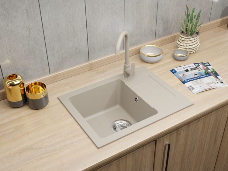 Zlewozmywak granitowy jednokomorowy 58x45 cm z baterią kuchenną Deco Darfor DG014+DECO+SMCH jasny beż