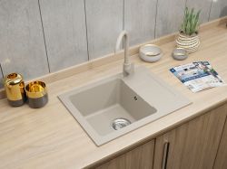 Zlewozmywak granitowy jednokomorowy 58x45 cm z baterią kuchenną Deco Darfor DG014+DECO+SMCH jasny beż