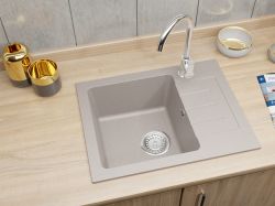 Zlewozmywak granitowy jednokomorowy 58x45 cm z baterią kuchenną Deco Darfor DG014+DECO+SMCH beż