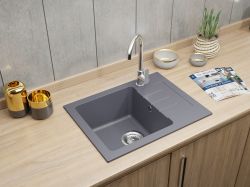 Zlewozmywak granitowy jednokomorowy 58x45 cm z baterią kuchenną i syfonem Deco Darfor DG014+DECO+SMCH grafit