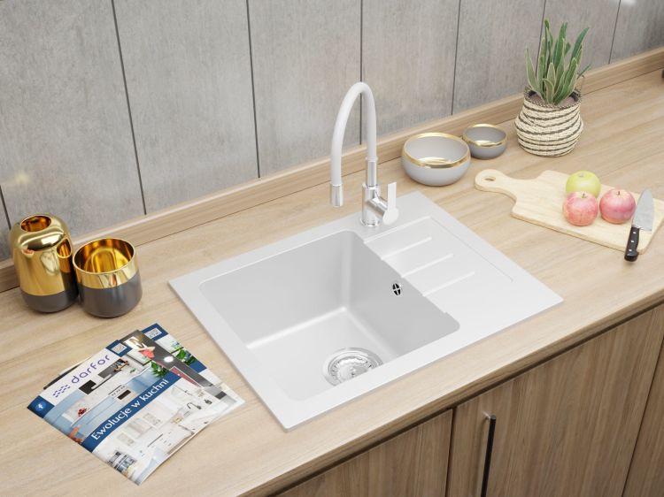 Zlewozmywak granitowy jednokomorowy 58x45 cm z białą baterią kuchenną Flex Darfor DG014+FLEX+SMCH biały