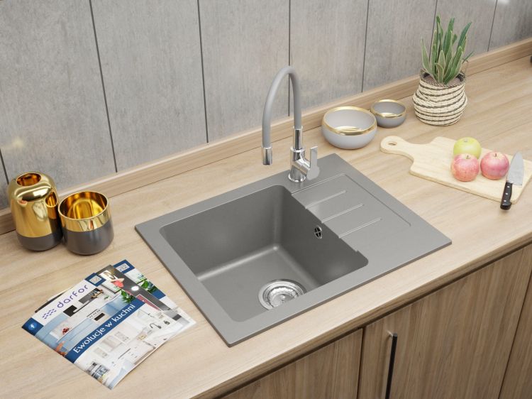 Zlewozmywak granitowy jednokomorowy 58x45 cm z szarą baterią kuchenną Flex Darfor DG014+FLEX+SMCH popiel