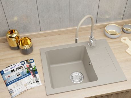 Przejdź do produktu Zlewozmywak granitowy jednokomorowy 58x45 cm z beżową baterią kuchenną Flex Darfor DG014+FLEX+SMCH jasny beż