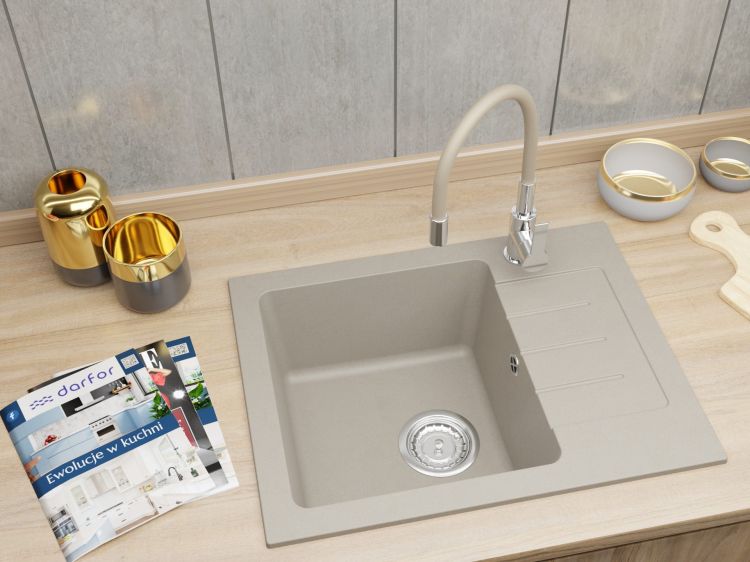 Zlewozmywak granitowy jednokomorowy 58x45 cm z beżową baterią kuchenną Flex Darfor DG014+FLEX+SMCH jasny beż