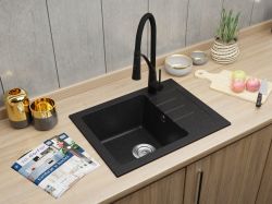 Zlewozmywak granitowy jednokomorowy 58x45 cm z baterią kuchenną Nexo Darfor DG014+NEXO+SMCH czarny nakrapiany
