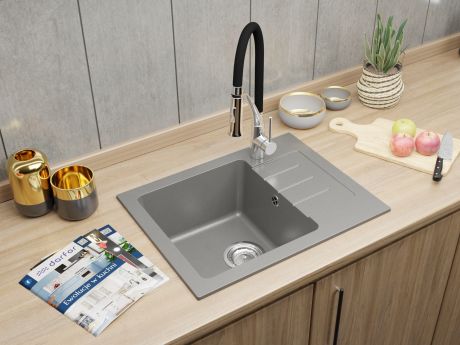Przejdź do produktu Zlewozmywak granitowy jednokomorowy 58x45 cm z baterią kuchenną Nexo Darfor DG014+NEXO+SMCH popiel