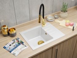 Zlewozmywak granitowy jednokomorowy 58x45 cm z baterią kuchenną Nexo Darfor DG014+NEXO+SMCH biały