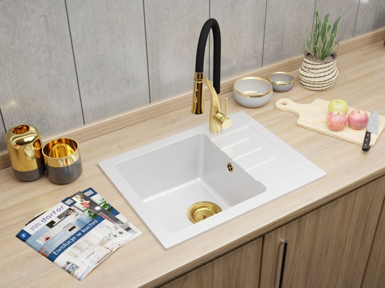 Zlewozmywak granitowy jednokomorowy 58x45 cm z baterią kuchenną Nexo Darfor DG014+NEXO+SMCH biały