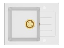 Zlewozmywak granitowy jednokomorowy 58x45 cm z baterią kuchenną Nexo Darfor DG014+NEXO+SMCH biały ze złotym syfonem