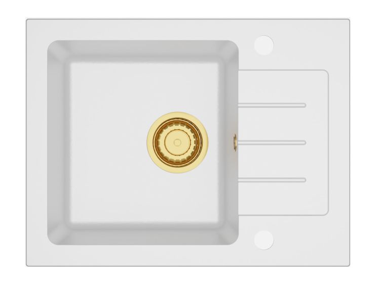 Zlewozmywak granitowy jednokomorowy 58x45 cm z baterią kuchenną Nexo Darfor DG014+NEXO+SMCH biały ze złotym syfonem
