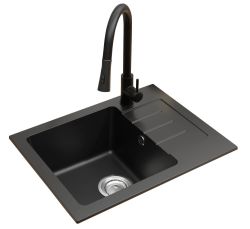 Zlewozmywak granitowy jednokomorowy 58x45 cm z baterią kuchenną Taru Darfor DG014+TARU+SMCH czarny