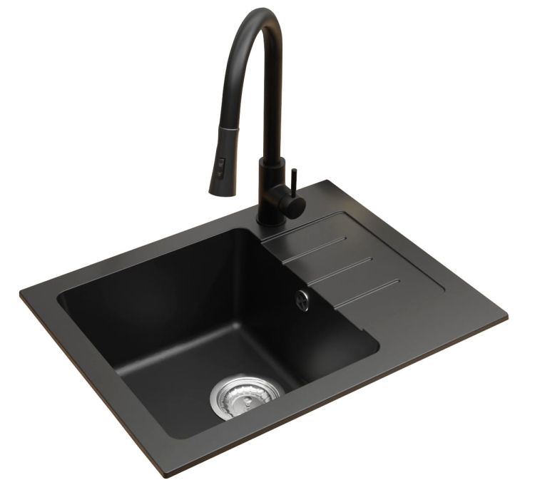 Zlewozmywak granitowy jednokomorowy 58x45 cm z baterią kuchenną Taru Darfor DG014+TARU+SMCH czarny