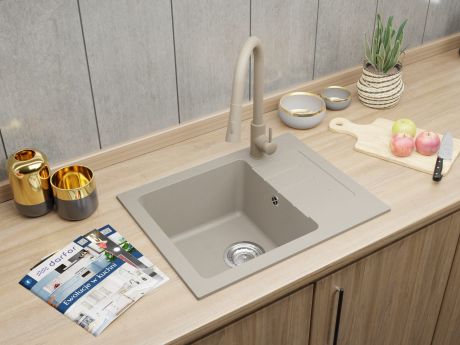 Przejdź do produktu Zlewozmywak granitowy jednokomorowy 58x45 cm z baterią kuchenną Taru Darfor DG014+TARU+SMCH beż
