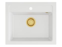 Zlewozmywak granitowy jednokomorowy 58x48 cm Darfor DG016 biały ze złotym syfonem