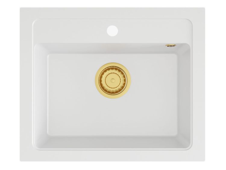 Zlewozmywak granitowy jednokomorowy 58x48 cm Darfor DG016 biały ze złotym syfonem
