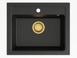 Zlewozmywak granitowy jednokomorowy 58x48 cm Darfor DG016 czarny ze złotym syfonem