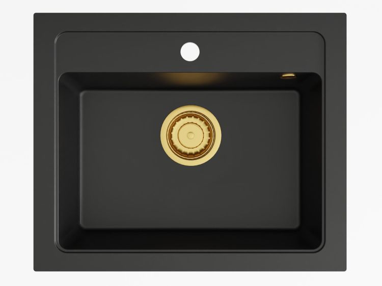 Zlewozmywak granitowy jednokomorowy 58x48 cm Darfor DG016 czarny ze złotym syfonem