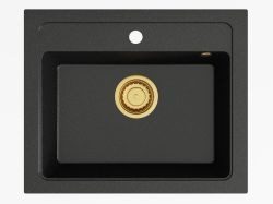 Zlewozmywak granitowy jednokomorowy 58x48 cm Darfor DG016 czarny nakrapiany ze złotym syfonem