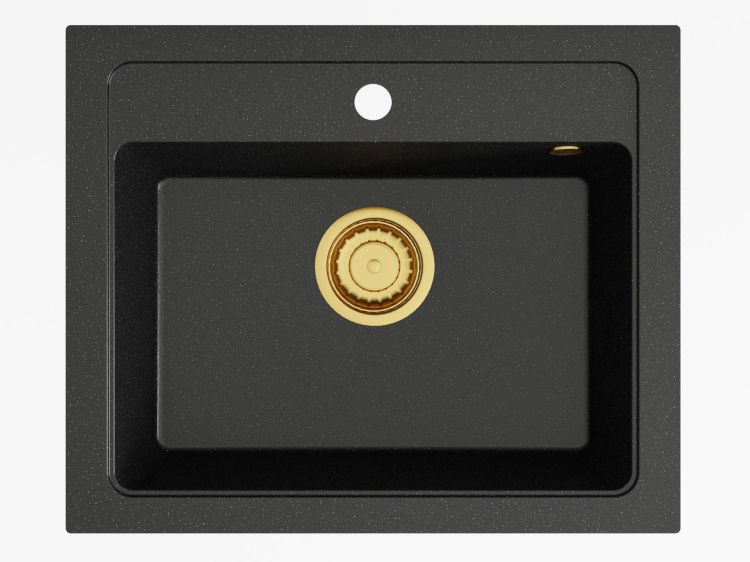 Zlewozmywak granitowy jednokomorowy 58x48 cm Darfor DG016 czarny nakrapiany ze złotym syfonem