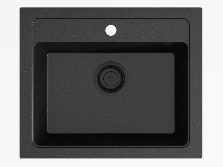 Zlewozmywak granitowy jednokomorowy 58x48 cm Darfor DG016 czarny nakrapiany z czarnym syfonem