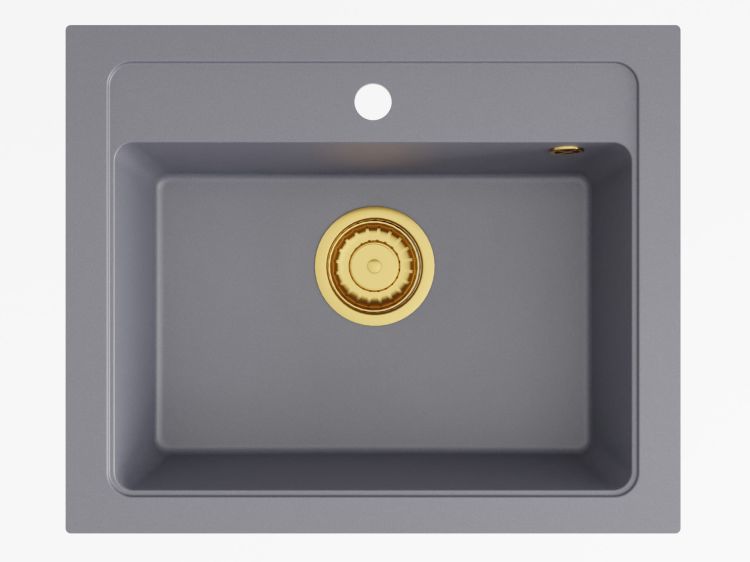 Zlewozmywak granitowy jednokomorowy 58x48 cm Darfor DG016 grafit ze złotym syfonem