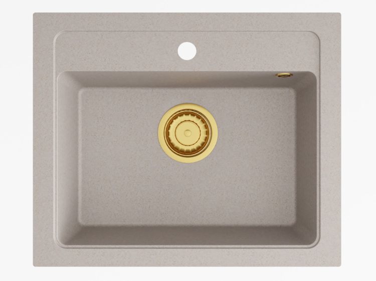Zlewozmywak granitowy jednokomorowy 58x48 cm Darfor DG016 beż ze złotym syfonem
