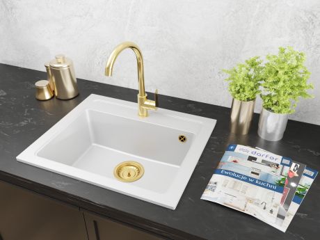 Przejdź do produktu Zlewozmywak granitowy jednokomorowy 58x48 cm ze złotą baterią i złotym syfonem Darfor DG016+zs+bz biały