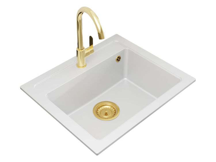 Zlewozmywak granitowy jednokomorowy 58x48 cm ze złotą baterią i złotym syfonem Darfor DG016+zs+bz biały