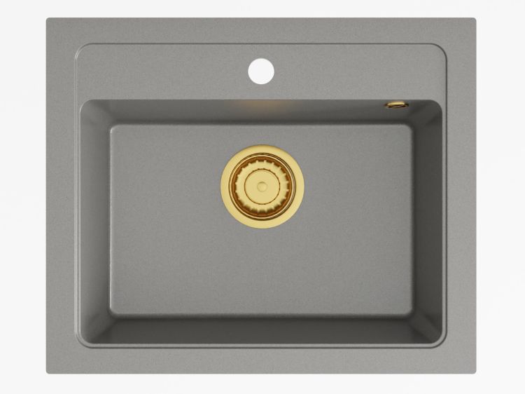Zlewozmywak granitowy jednokomorowy 58x48 cm ze złotą baterią i złotym syfonem Darfor DG016+zs+bz popiel