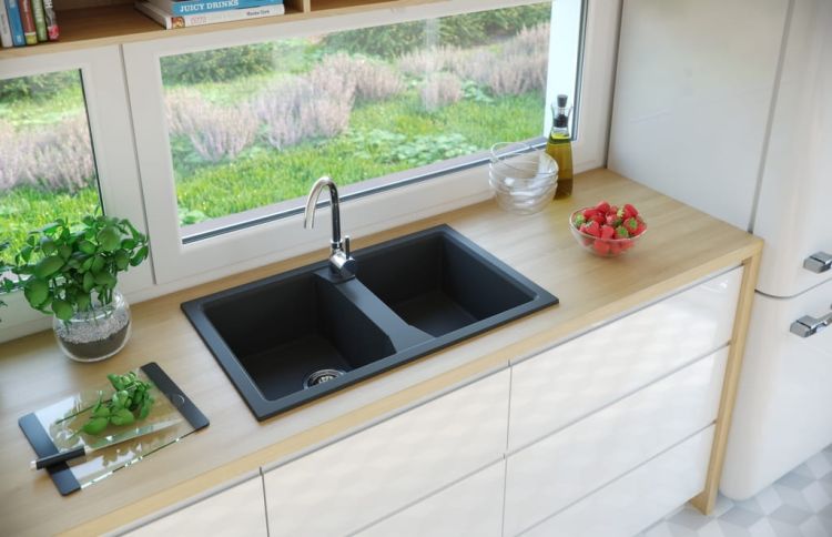 Zlewozmywak granitowy 2-komorowy 77x48 cm Darfor DG018 czarny