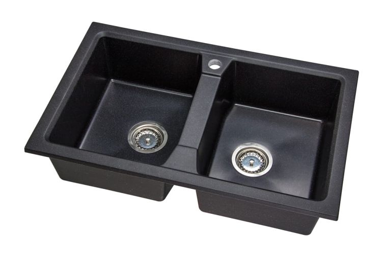 Zlewozmywak granitowy 2-komorowy 77x48 cm Darfor DG018 czarny nakrapiany